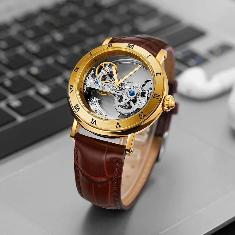 Golden Bridge Skeleton Automatic Mens Watch Luxury with Genuine Leather Strap